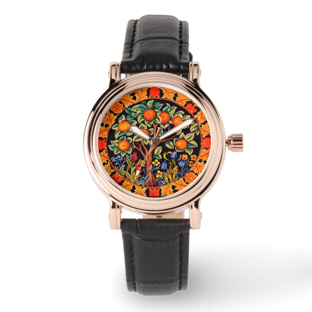 MONTRE ORANGE ARBRE AVEC FEUILLES VERTS, FLEURS (Recto)