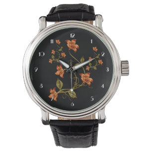 Montre Orange Lillies Floral Motif Black Wrist Watch