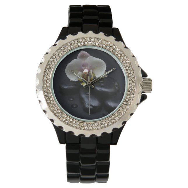 Montre Orchidée Blanche Sur Pierres Noires (devant)