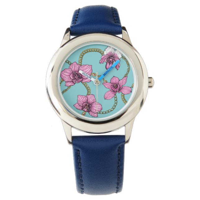Montre Orchidées et chaînes, roses et bleues (devant)