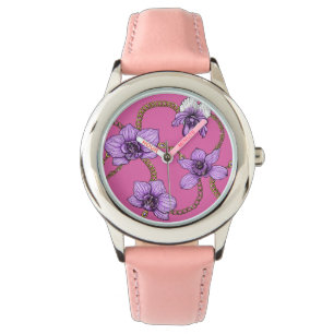 Montre Orchidées et chaînes, violet et rose