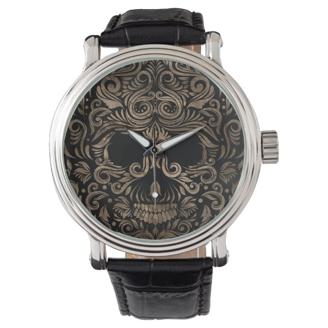 Montre Ornement crâne sucre noir et or (devant)