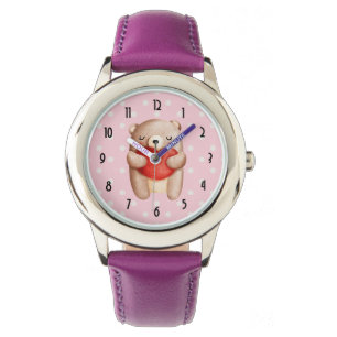 Montre Ours en peluche mignon portant un coeur rouge