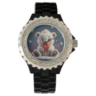 Montre Ourson polaire blanc adorable tenant un cœur rouge