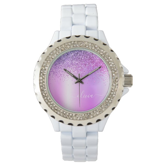 Montre Pailleté de monogramme violet scintillant écriture (devant)