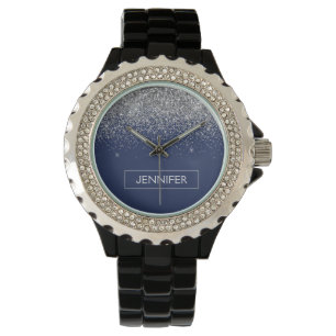 Montre Paillettes Bleu Marine Argenté Monogramme Nom