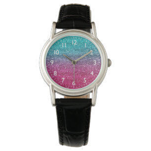 Montre Paillettes dégradé bleu scintillant et rose foncé