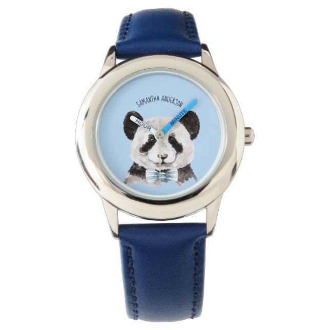 Montre Panda D'Aquarelle Moderne Avec Nom Et Bleu Pastel (devant)