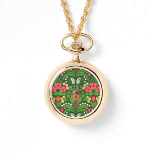 Montre Pansies rouges, oiseaux et papillons