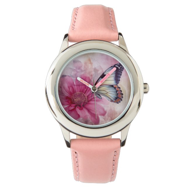 Montre Papillon de rêve sur toile florale (devant)