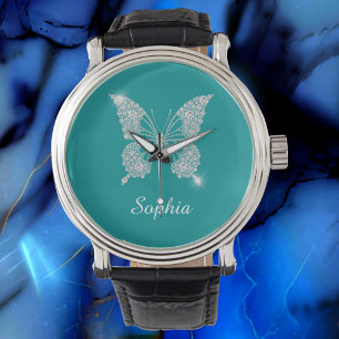 Montre Papillon Diamant Blanc, Nom du script, Turquoise p