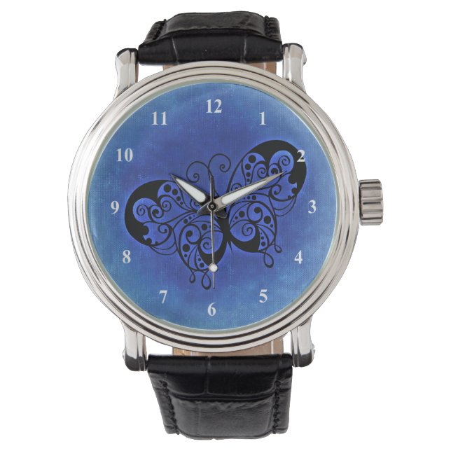 Montre Papillon fantaisie sur un Arrière - plan Denim ble (devant)