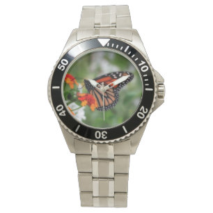 Montre Papillon Monarque sur Orange et Lantana Rouge