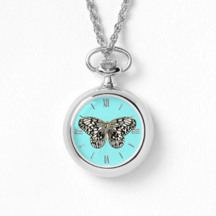 Montre Papillon noir et blanc, arrière - plan turquoise