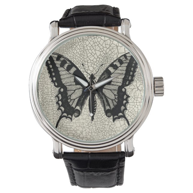 Montre Papillon noir et blanc sur Arrière - plan fissuré (devant)