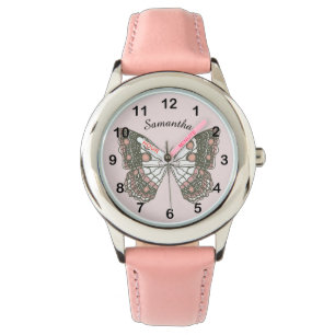 Montre Papillon & nom personnalisé sur rose clair