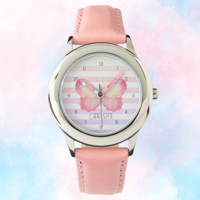 Montre Papillon Pastel Stripes Motif de charme (Personalized Girly Kids Watch with Butterfly)