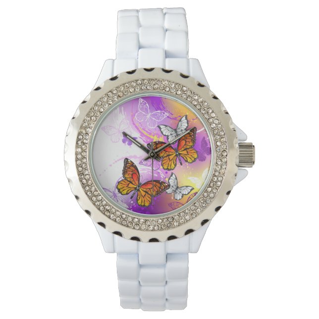 Montre Papillons Monarque sur Arrière - plan pourpre (devant)