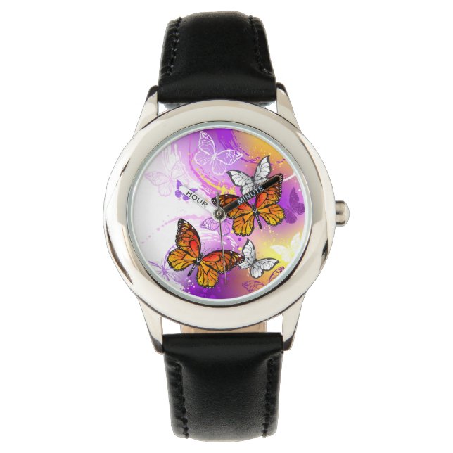 Montre Papillons Monarque sur Arrière - plan pourpre (devant)