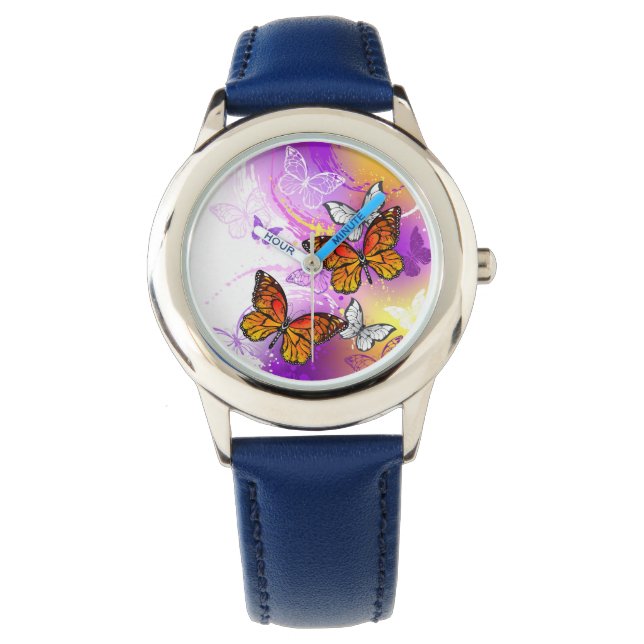 Montre Papillons Monarque sur Arrière - plan pourpre (devant)