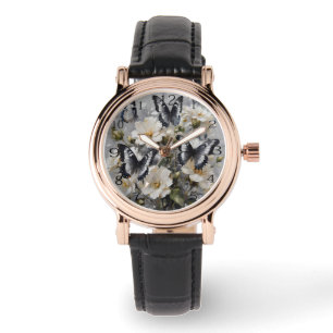 Montre Papillons Noir Et Blanc Sur Fleurs Blanches,