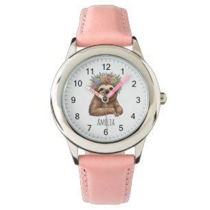 Montre Paresseux floral mignon personnalisé avec couronne