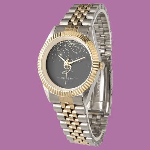 Montre Parties scintillant or & Monogramme Nom de script 