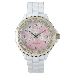 Montre Parties scintillant rose cerise en fleurs   Monogr