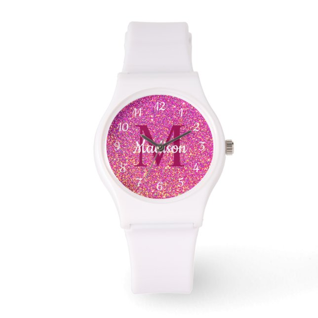 Montre Parties scintillant rose chaud moderne Monogrammes (Recto)