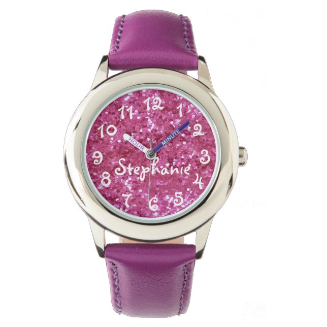 Montre Parties scintillant rose pour fille personnalisée (devant)