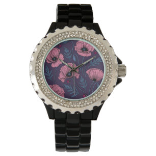 Montre Pavot rose sur violet foncé