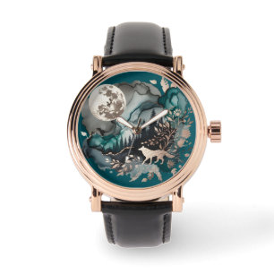 Montre Paysage de loup et lune or Turquoise