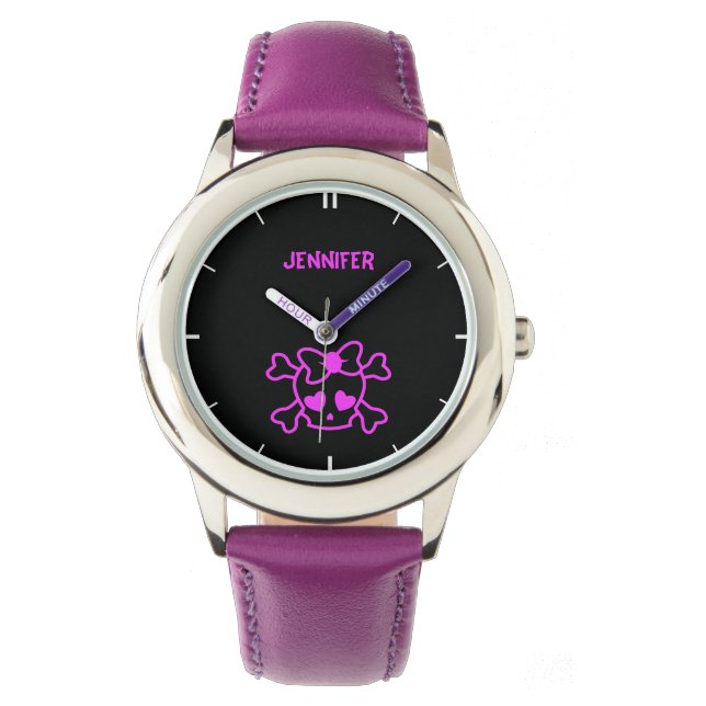 Montre Peau d'émo girly rose avec nom d'arc fille (devant)
