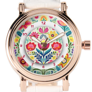 Montre Peinture bohème florale colorée deux couronnes 