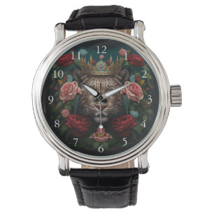 Montre Peinture de Jaguar avec Couronne de Fleurs