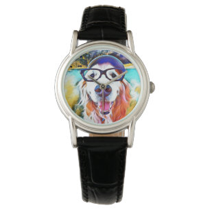 Montre Peinture nerd en verre de golden retriever vibrant