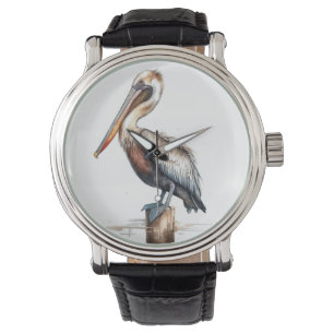 Montre pélican debout sur une aquarelle
