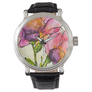 Montre Peonées d'aquarelle de lavande et de pêche pourpre