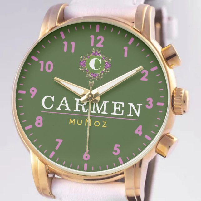Montre Personalized name green pink monogram custom (Créateur téléchargé)