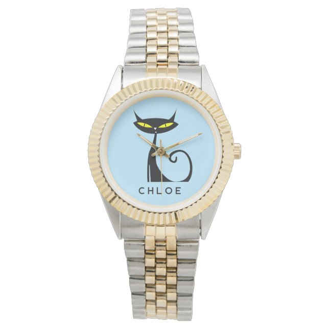 Montre Personnalisé Retro Mid Century moderne Chat noir a (devant)