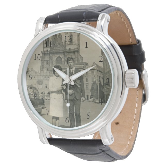Montre Personnalisé Vieux Photo Couple Anniversaire Cuir  (Incliné)