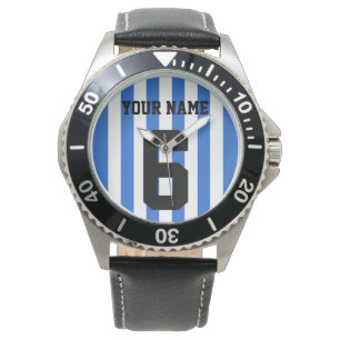 Montre Personnaliser, football bleu & blanc / bandes de f