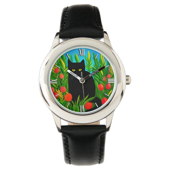 Montre Petit chat noir dans un jardin de tulipes (devant)