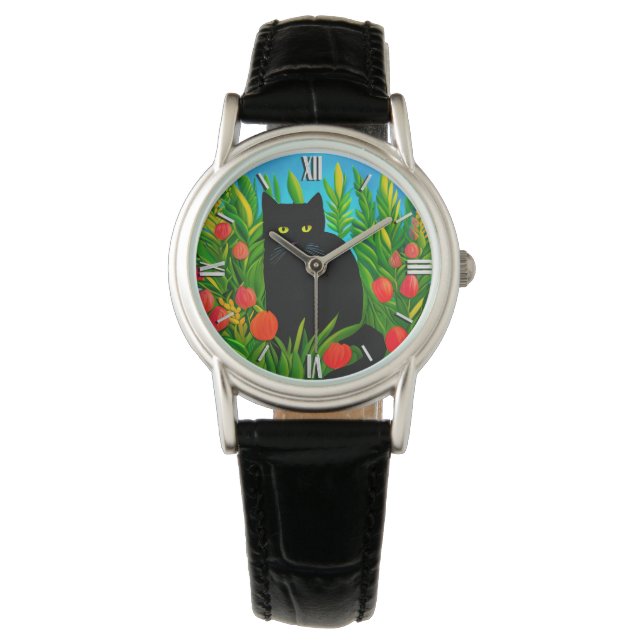 Montre Petit chat noir dans un jardin de tulipes (devant)