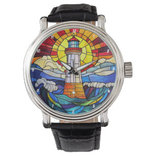Montre Phare Vagues Coucher de Soleil Verre Cathédrale
