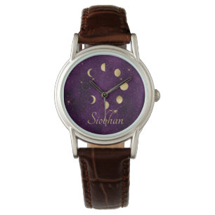 Montre Phases de la lune d'or Étoiles violettes Personna