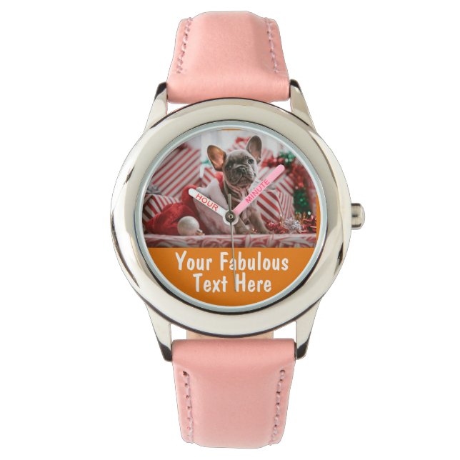 Montre Photo personnalisée et texte fille orange (devant)