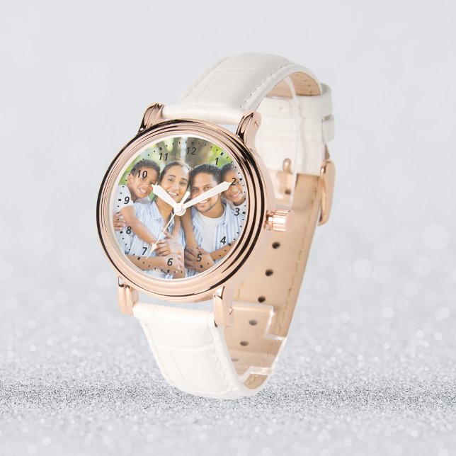Montre Photo personnalisée - Or et cuir blanc Rose (Custom Photo – Rose Gold & White Leather Watch
)