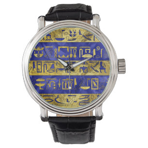 Montre Pierre bleue de motif égyptien d'or d'hiéroglyph