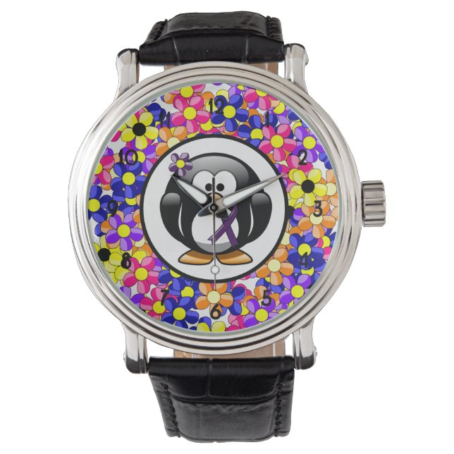 Montre Pingouin à ruban de sensibilisation à la violette (devant)